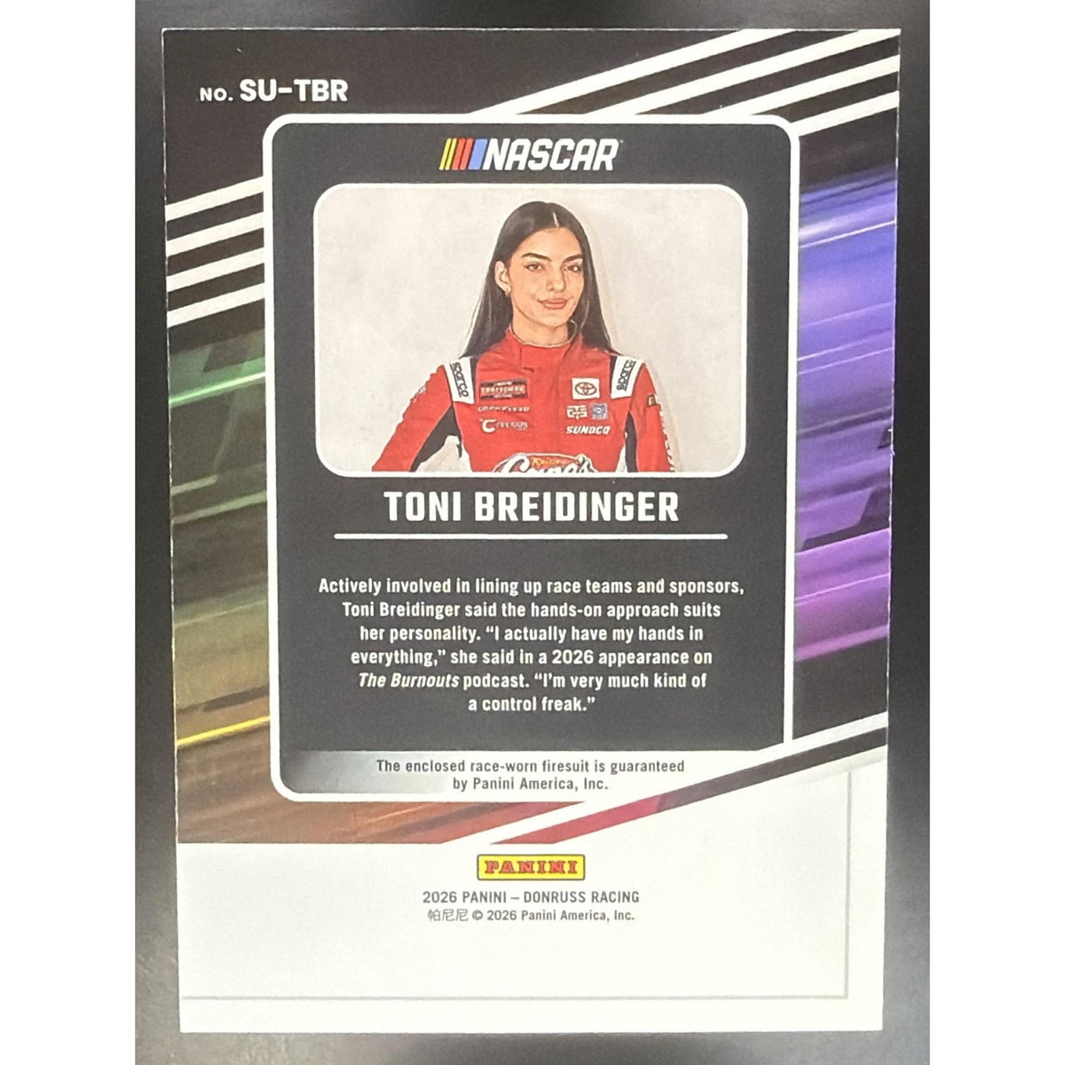 2025 Panini National Treasures Toni Breidinger #4 Race Used Firesuit /99 MEM