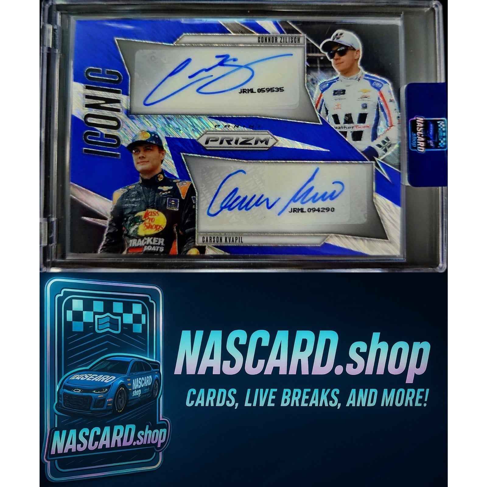 2025 Prizm Carson Kvapil Connor Zilisch Iconic Dual Autographs Blue Shimmer #/4