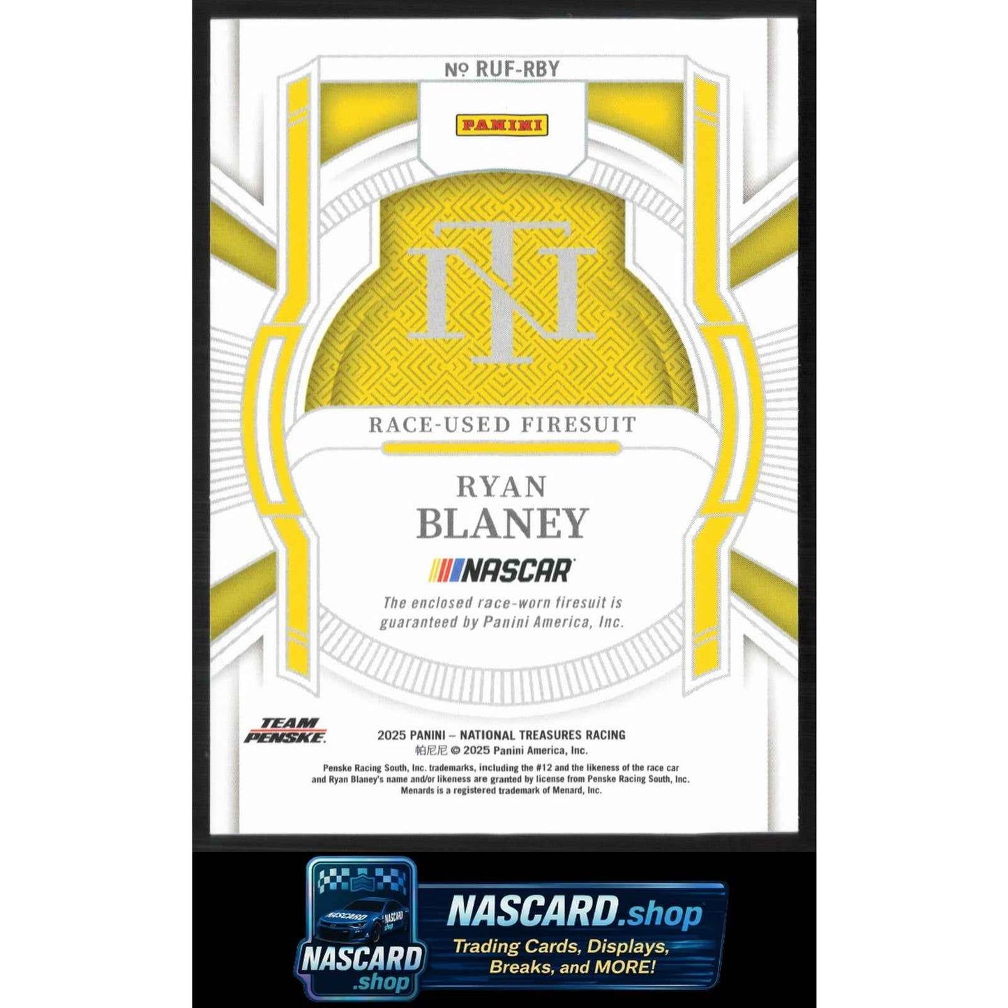 2025 Panini National Treasures #RUF-RBY Ryan Blaney Race Used Firesuit #/99
