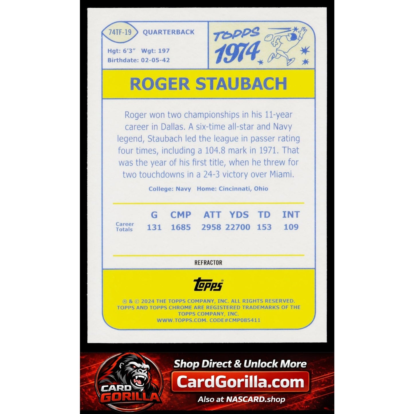 2024 Topps Chrome #74TF-19 Roger Staubach 1974 Topps Football