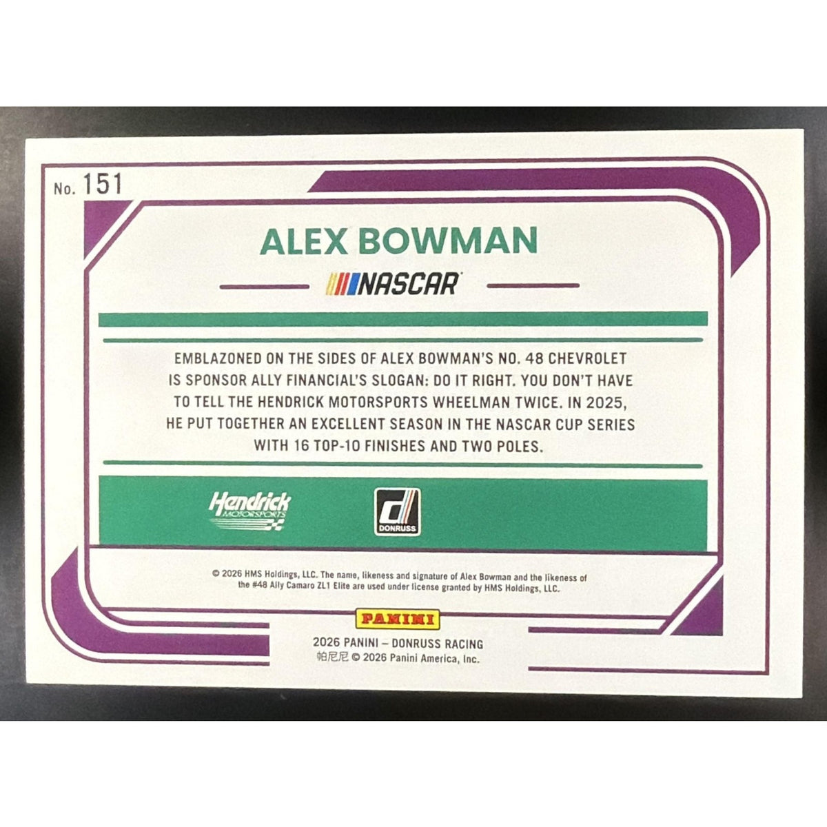 2026 Panini Donruss NASCAR Racing Alex Bowman #151 Rides Carolina Blue Laser /99