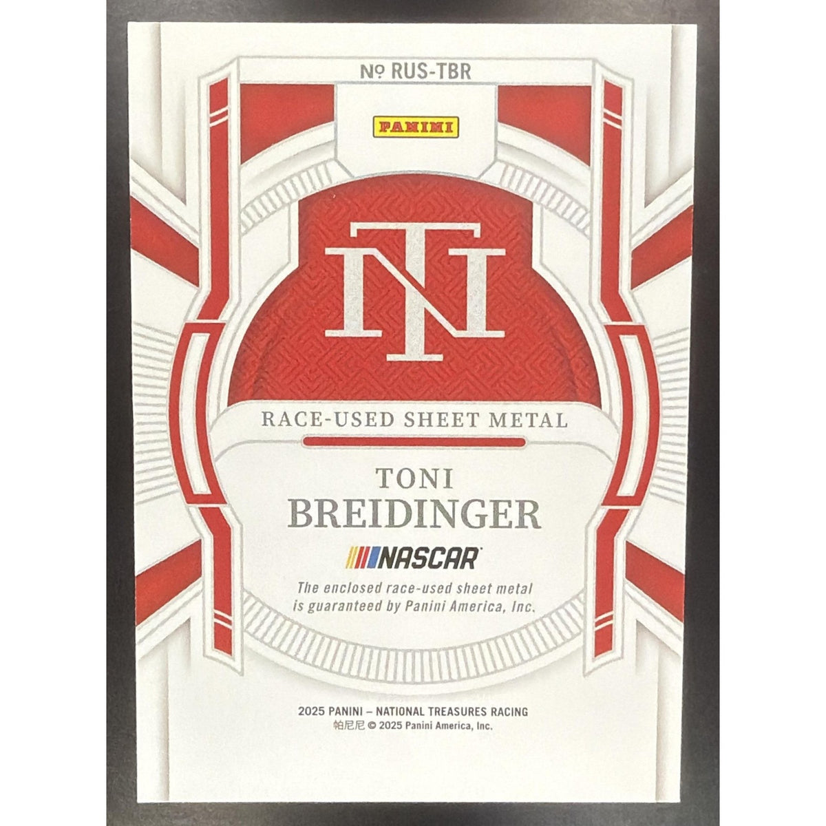 2025 Panini National Treasures Toni Breidinger #18 Race Used Sheet Metal /99 MEM