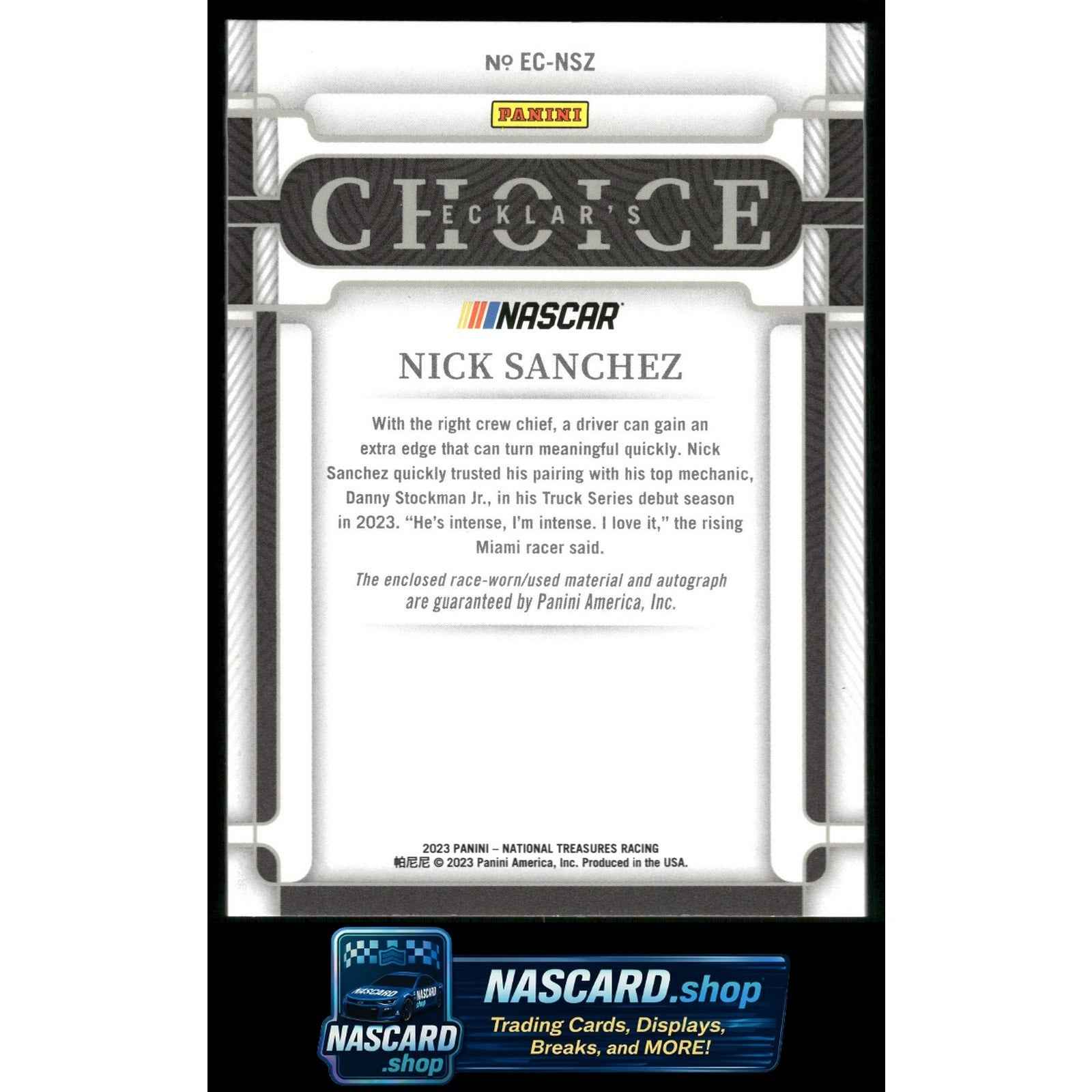2023 Panini National Treasures #EC-NSZ Nick Sanchez Ecklar's Choice #/99