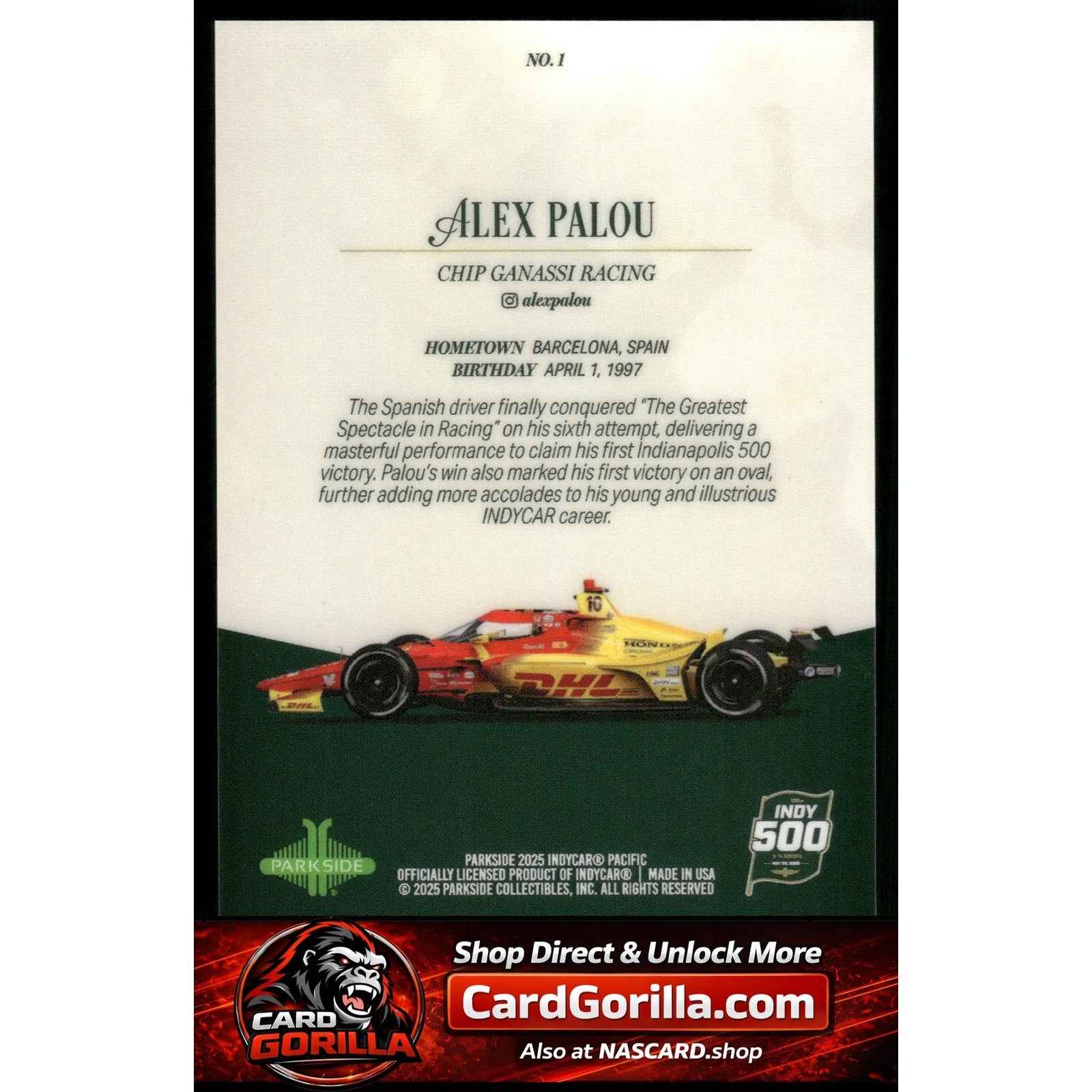 2025 Parkside Indy 500 Pacific #1 Alex Palou Red V2