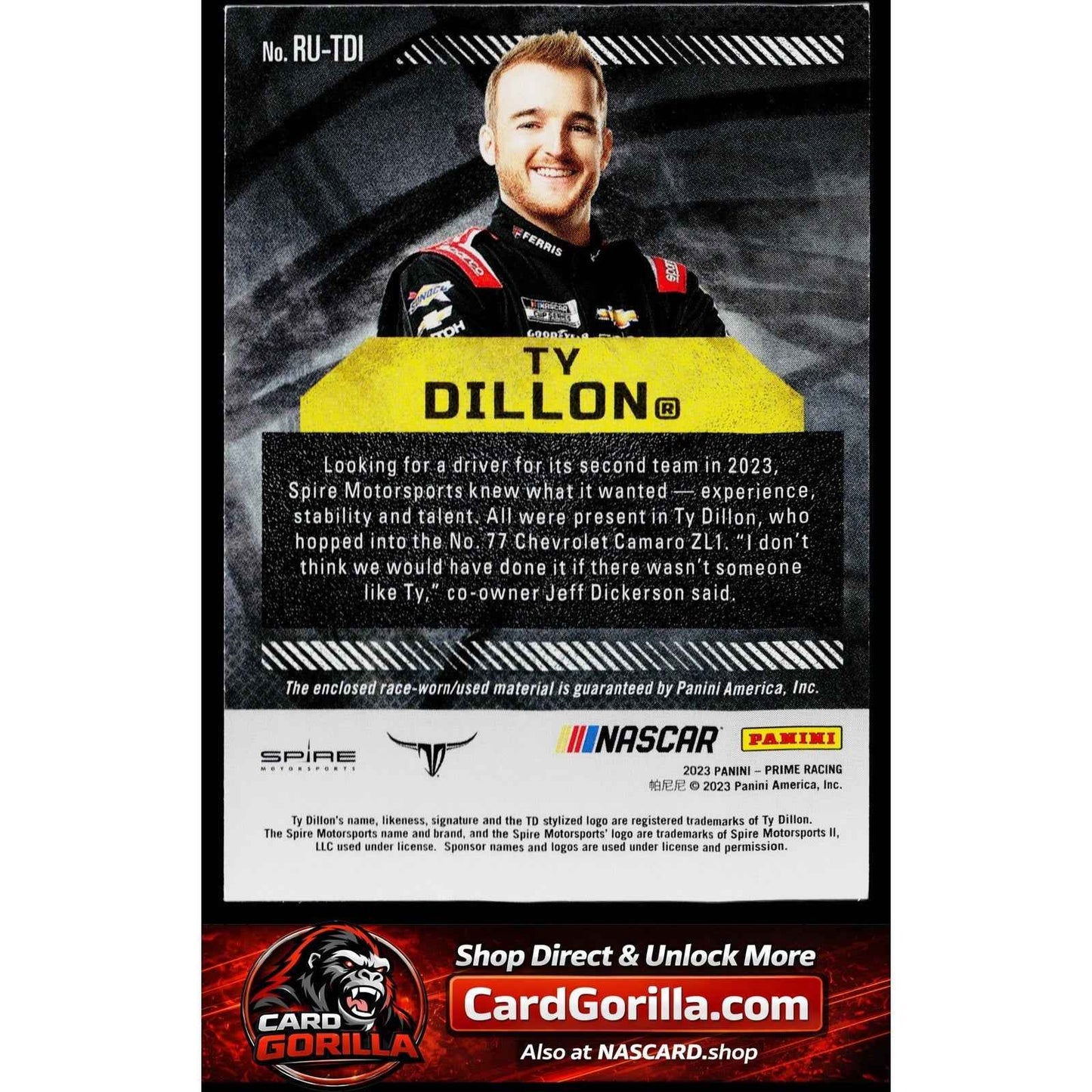 2023 Panini Prime #RU-TDI Ty Dillon Race Used Tires #/99