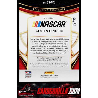 2026 Panini Select #SS-ACD Austin Cindric Selective Swatches Red Prizms #/99