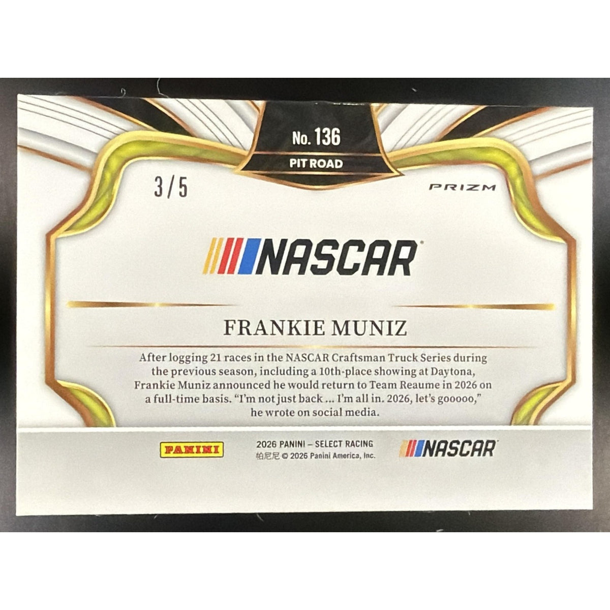 2026 Panini Select NASCAR Frankie Muniz #136 Set - Pit Road Green Prizms 3/5