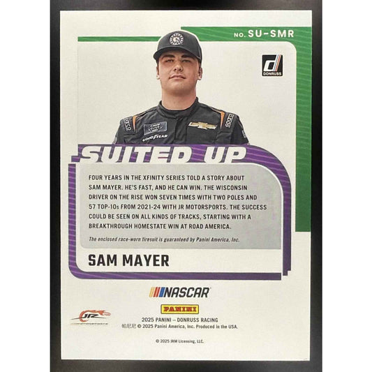 2025 Panini Donruss NASCAR Sam Mayer #SU-SMR Suited Up Swatches Orange Ice
