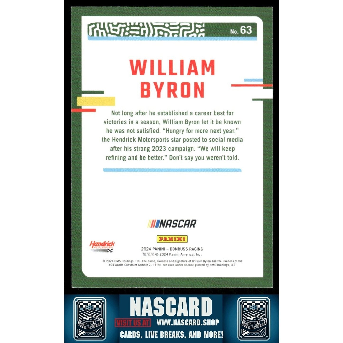 2024 Panini Donruss NASCAR - William Byron #63 Pink /25 - NASCARD.shop