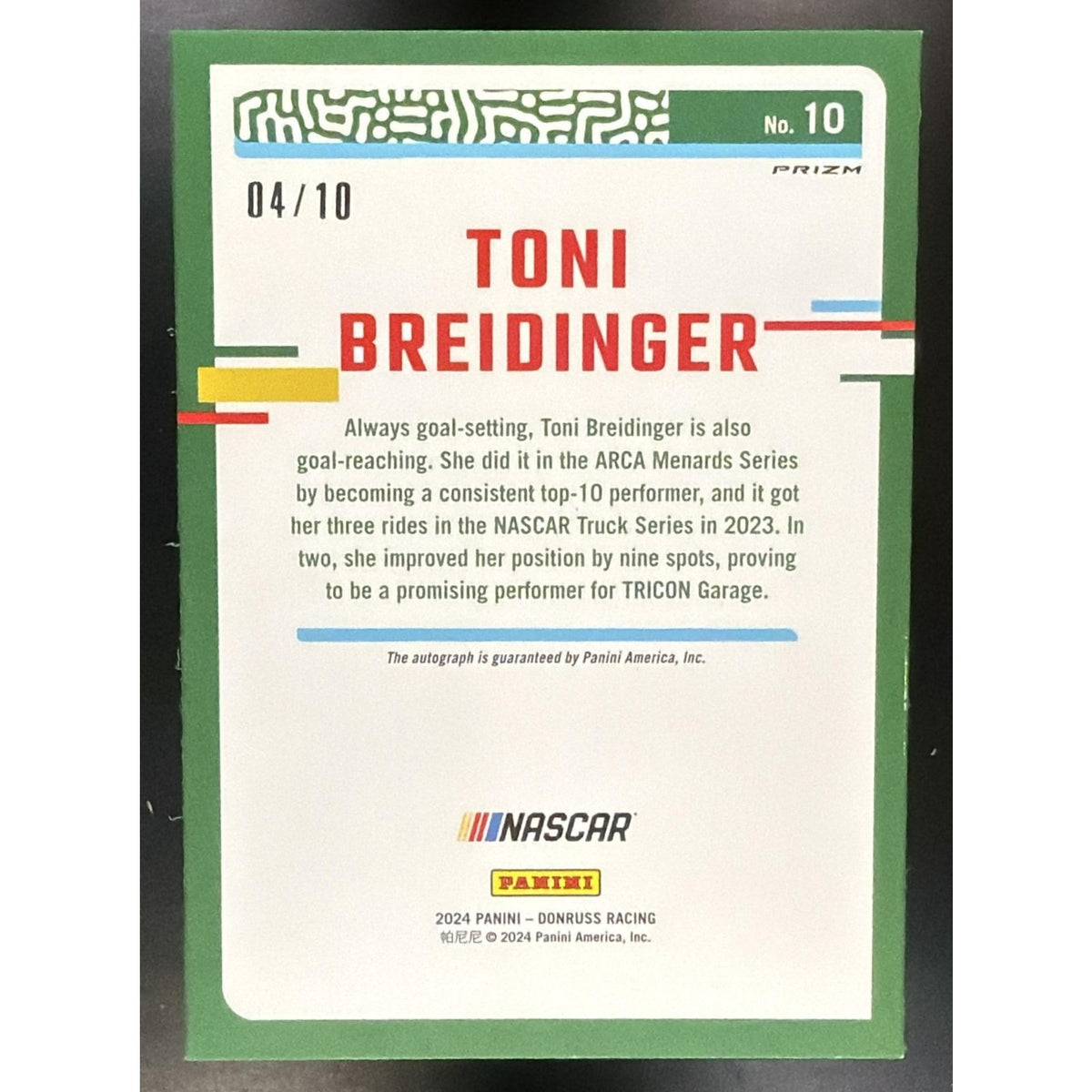 2024 Panini Donruss Toni Breidinger #10 Optic Signatures Gold Velocity 4/10 Auto