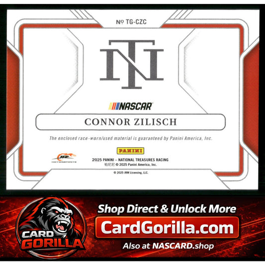 2025 Panini National Treasures #TG-CZC Connor Zilisch Track Gear Blue #/75