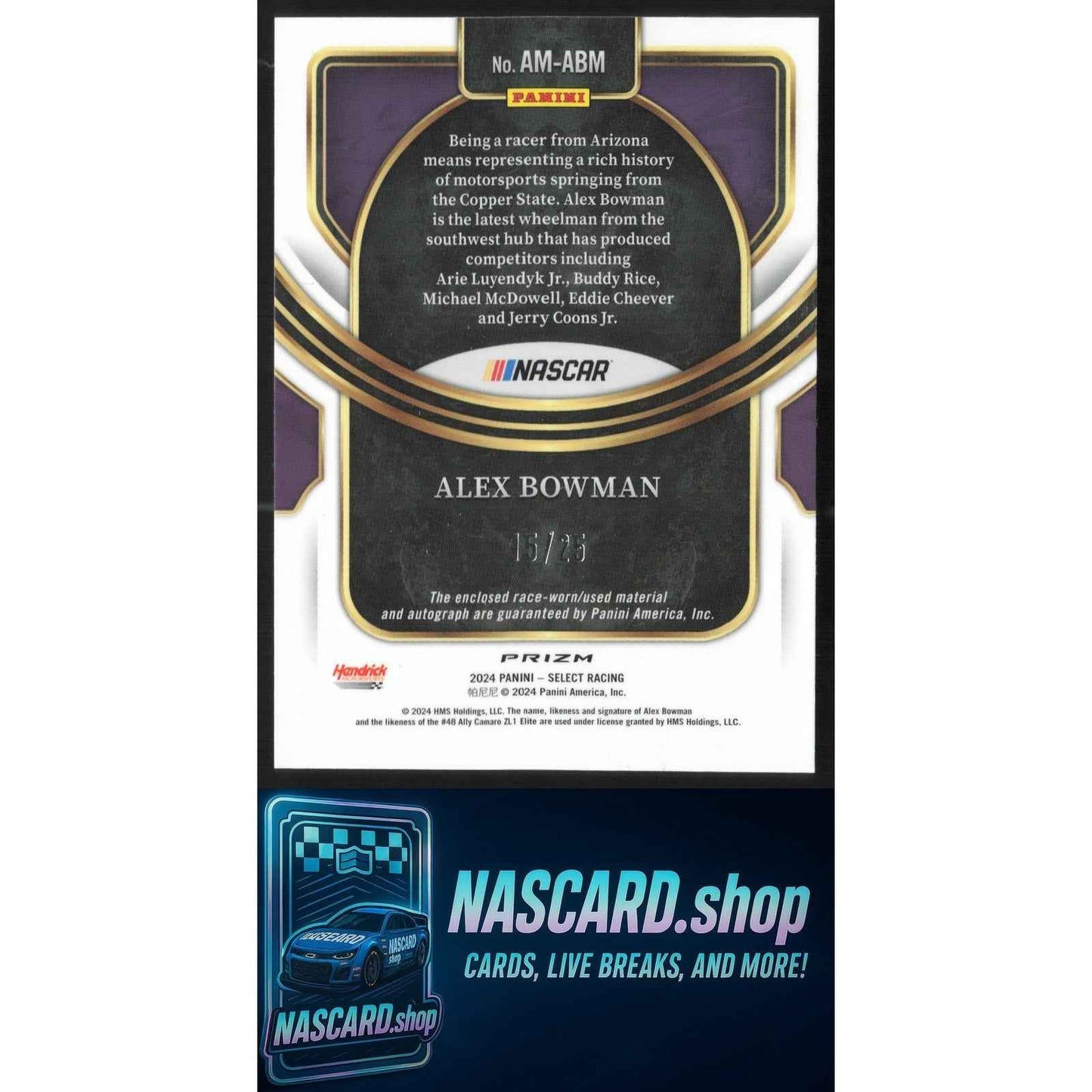 2024 Panini Select Alex Bowman Autographed Memorabilia Tie-Dye Prizms #/25