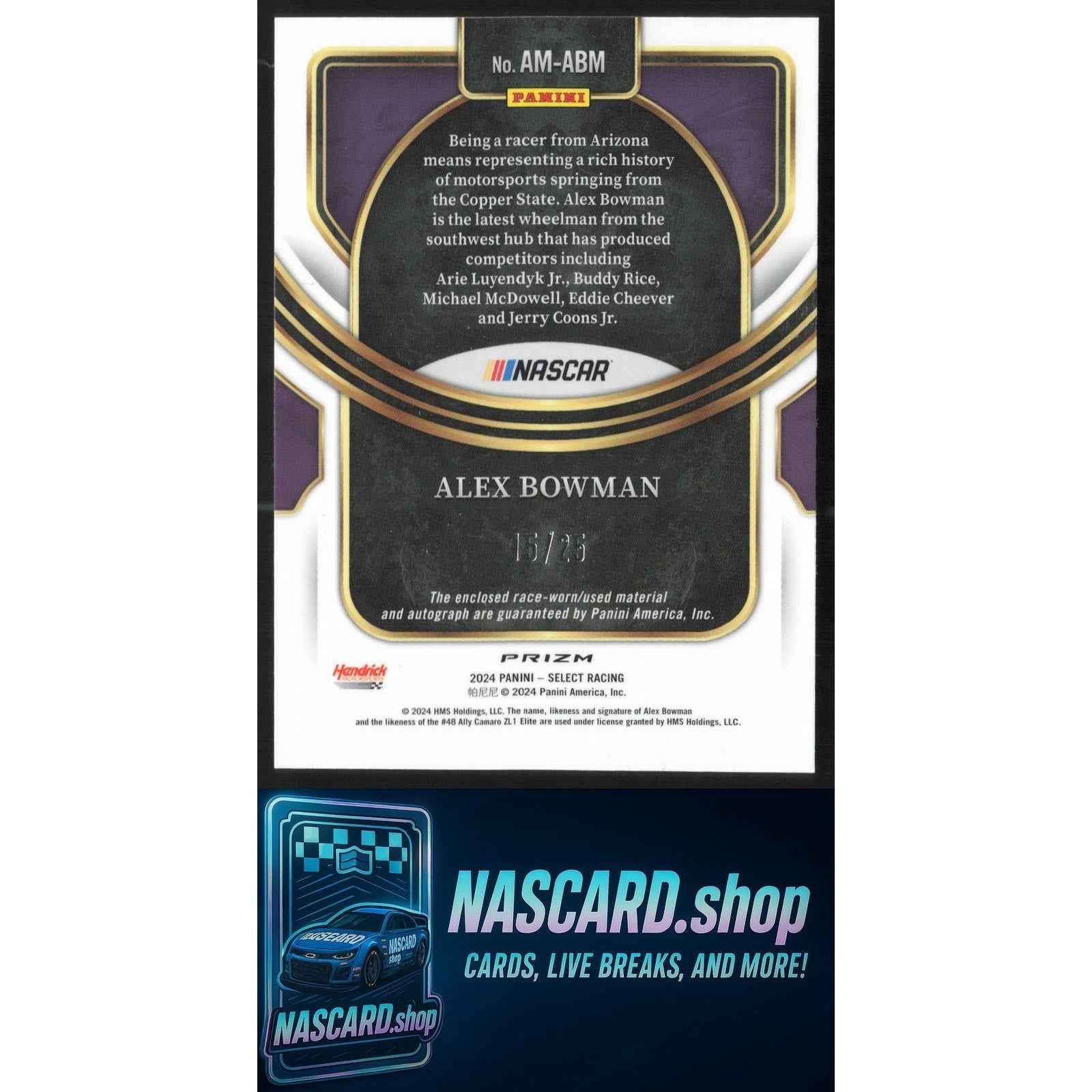 2024 Panini Select Alex Bowman Autographed Memorabilia Tie-Dye Prizms #/25