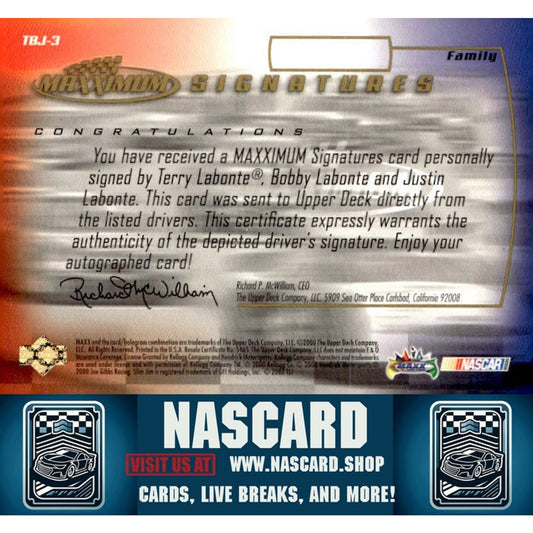 2000 Maxximum #TBJ-3 Terry Labonte / Bobby Labonte / Justin Labonte Signatures - NASCARD.shop