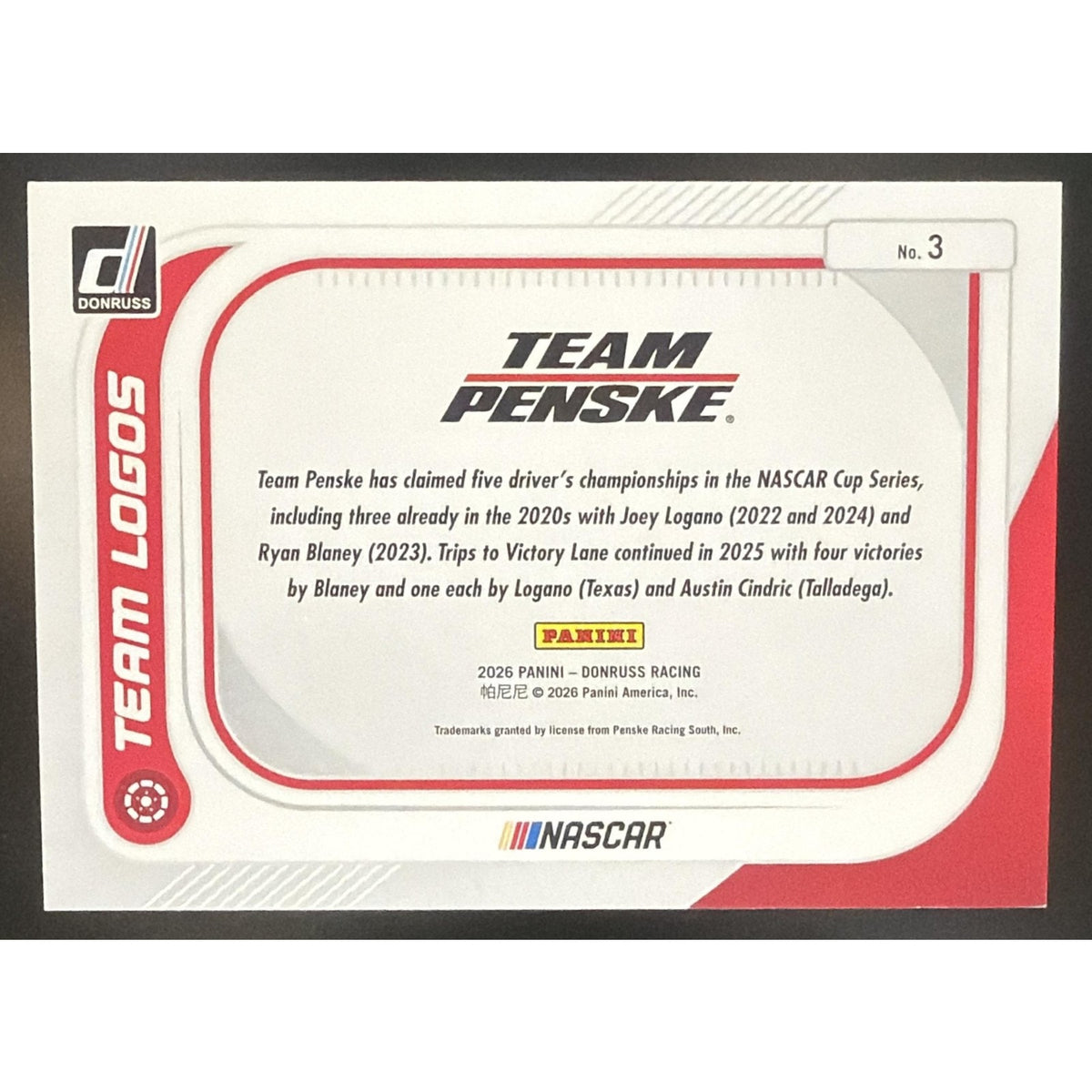 2026 Panini Donruss NASCAR Racing Team Penske #3 Logos Blue Xplosion 15/49