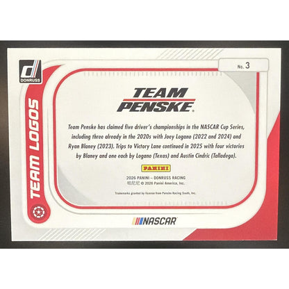 2026 Panini Donruss NASCAR Racing Team Penske #3 Logos Blue Xplosion 15/49