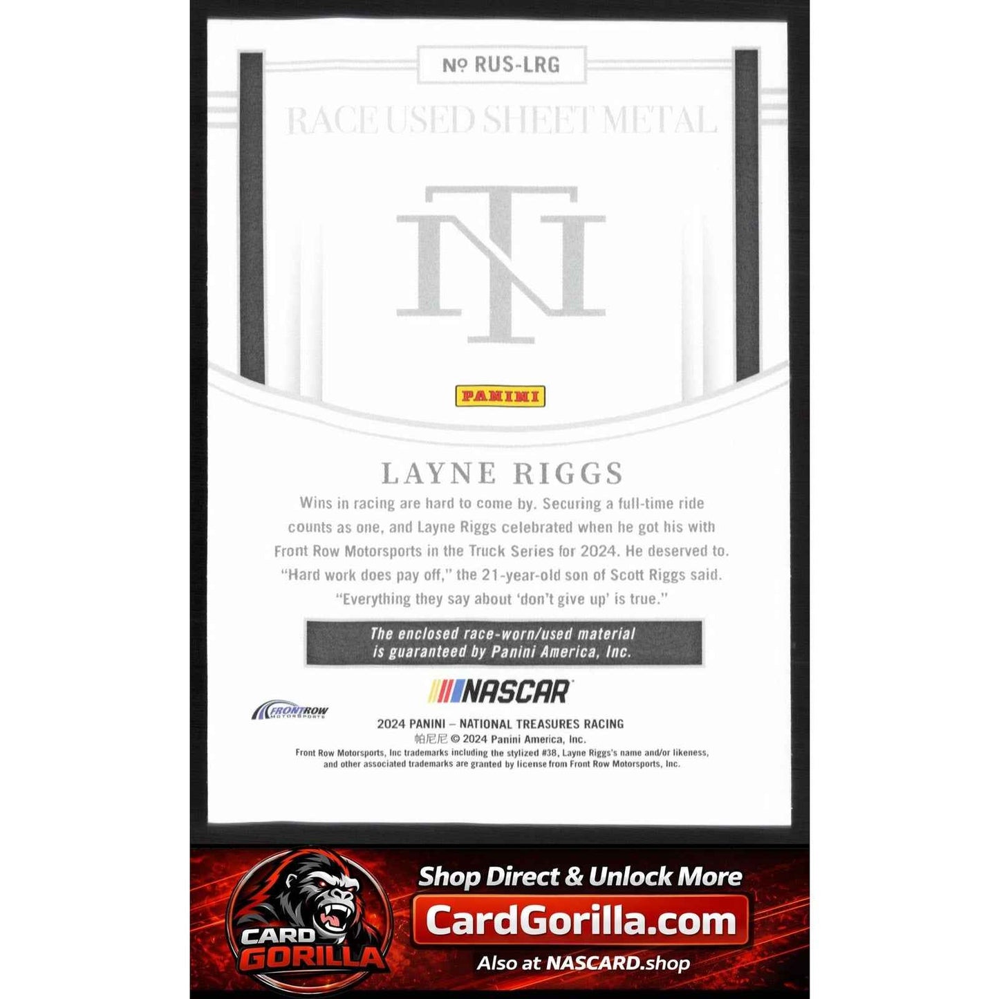 2024 Panini National Treasures #RUS-LRG Layne Riggs Race Used Sheet Metal #/99