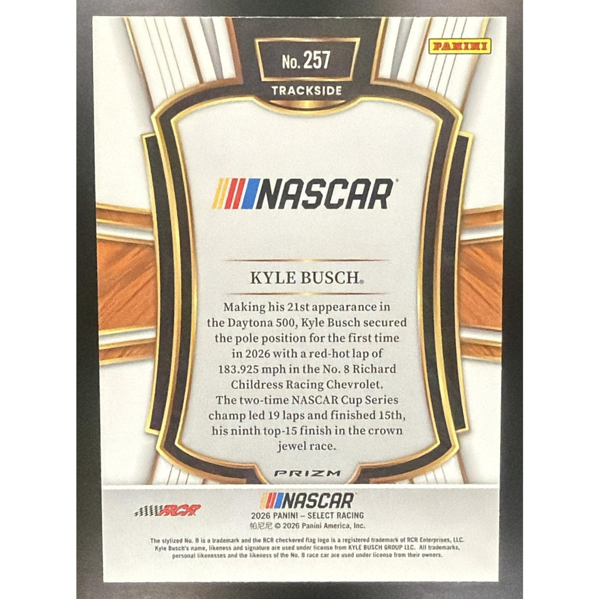 2026 Panini Select NASCAR Kyle Busch #257 Set - Trackside Silver Logo