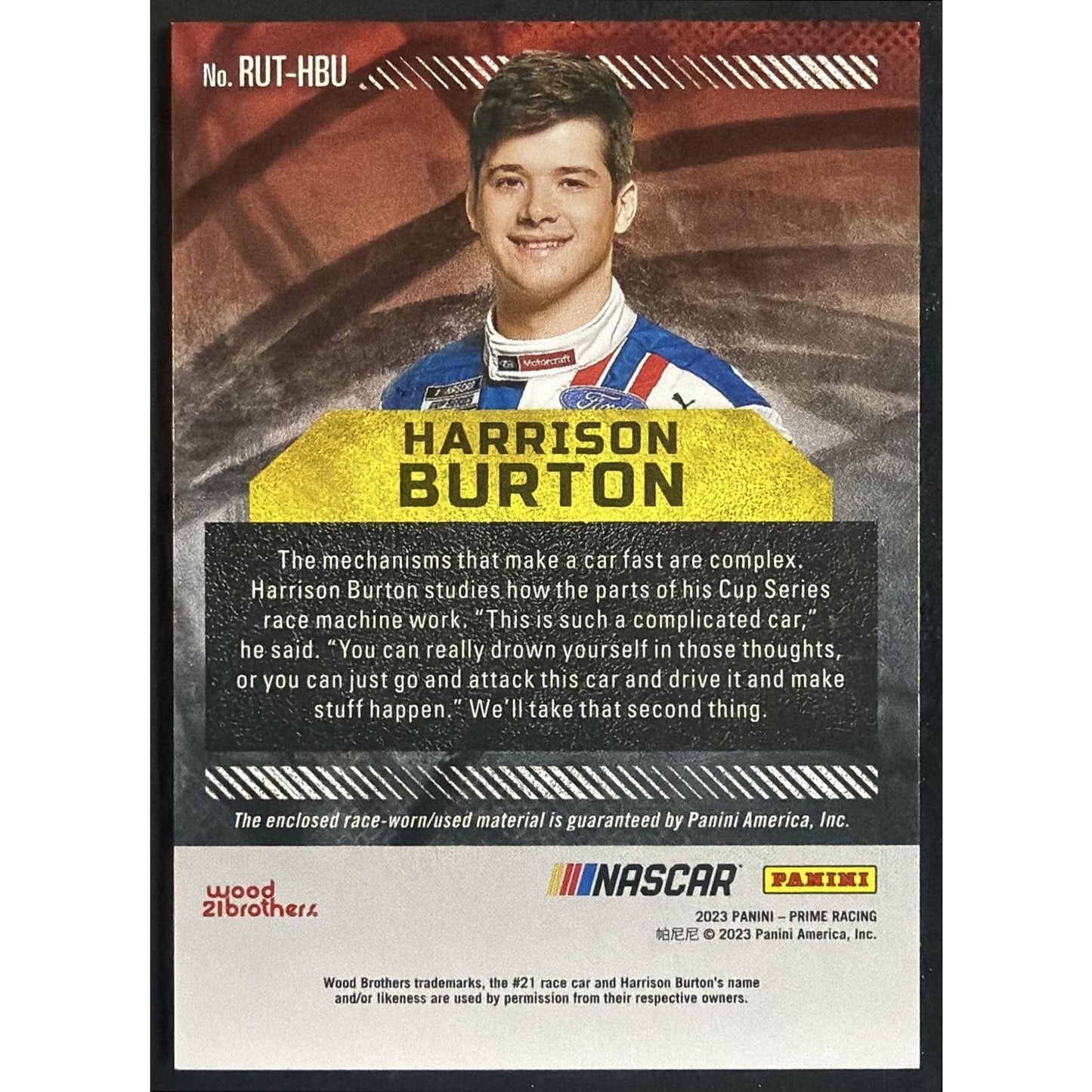 2023 Panini Prime Harrison Burton #RUT-HBU Race Used Trios Firesuits