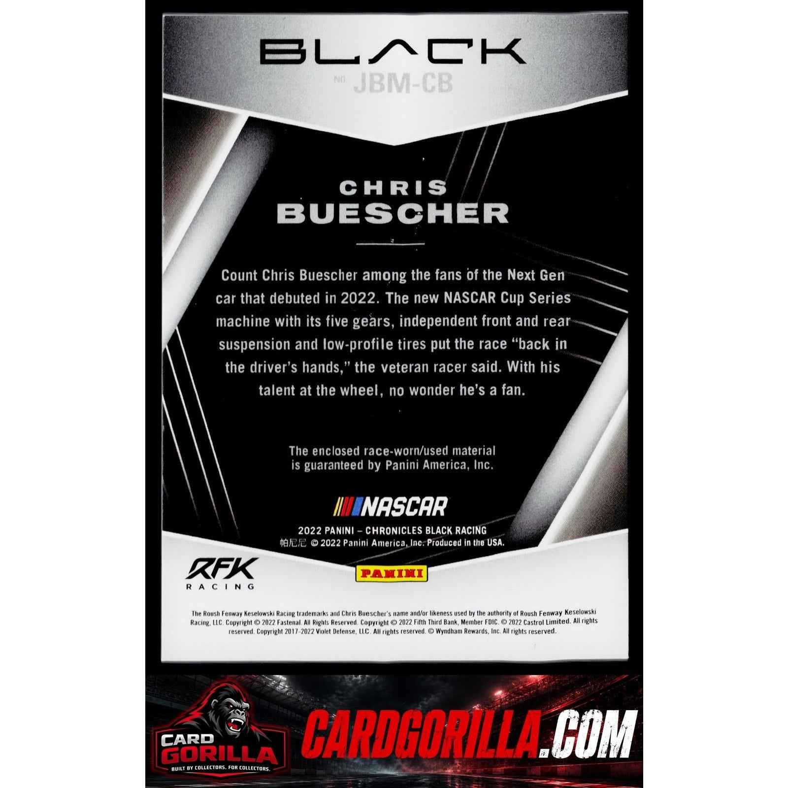 2022 Panini Chronicles #JBM-CB Chris Buescher Jet Black Materials