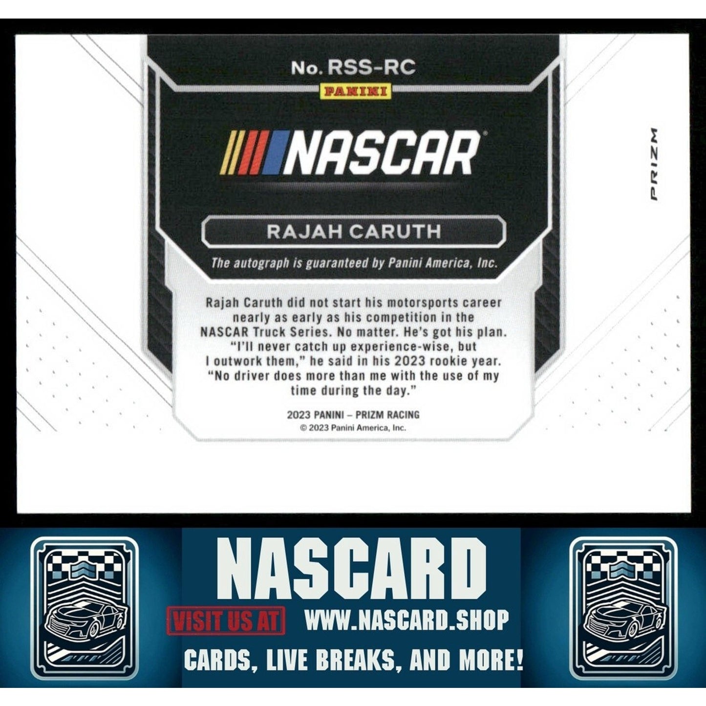 2023 Panini Prizm Rookie Stripes Silver Prizm Rajah Caruth (RC) - NASCARD.shop