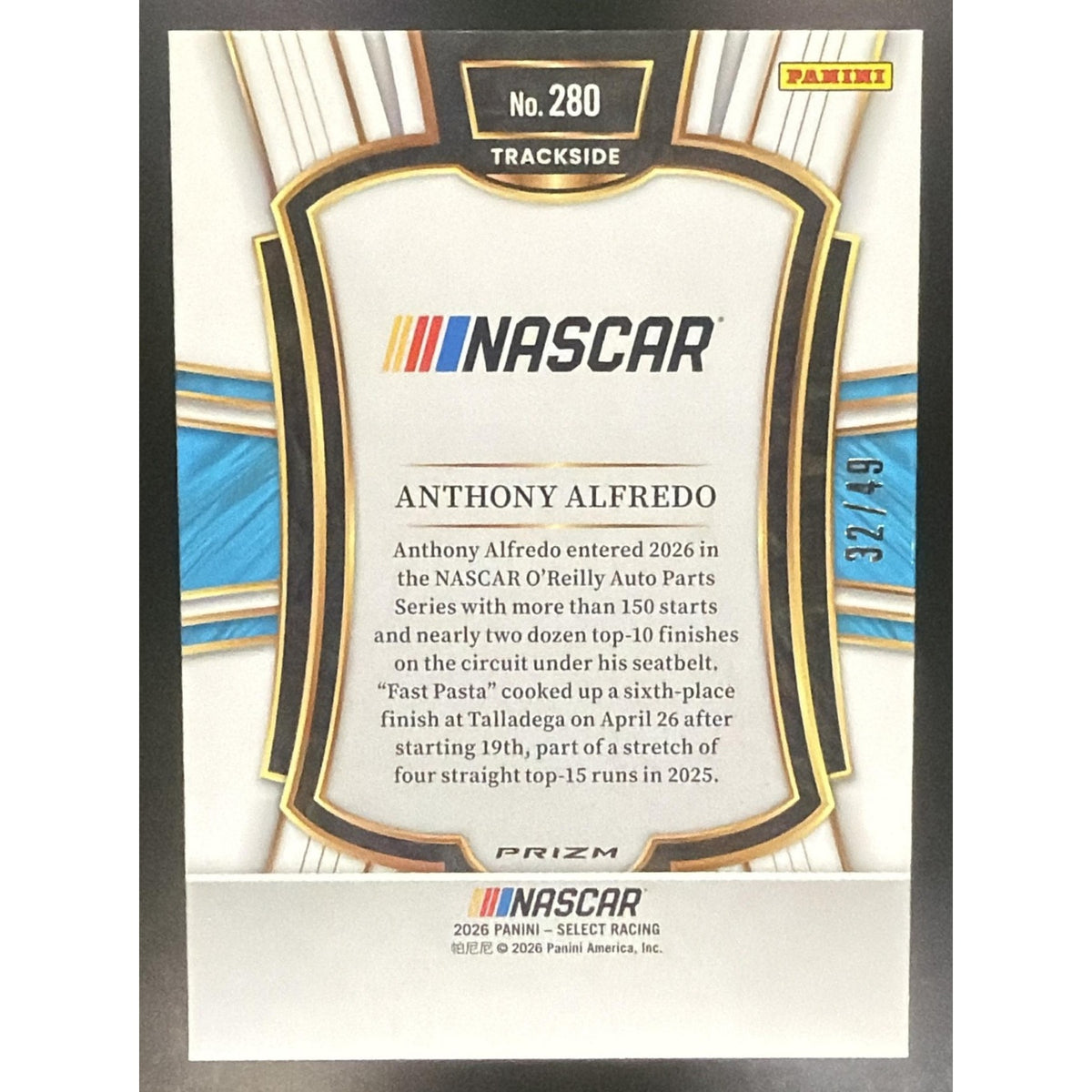 2026 Panini Select NASCAR Anthony Alfredo Trackside Black and Blue Prizms /49
