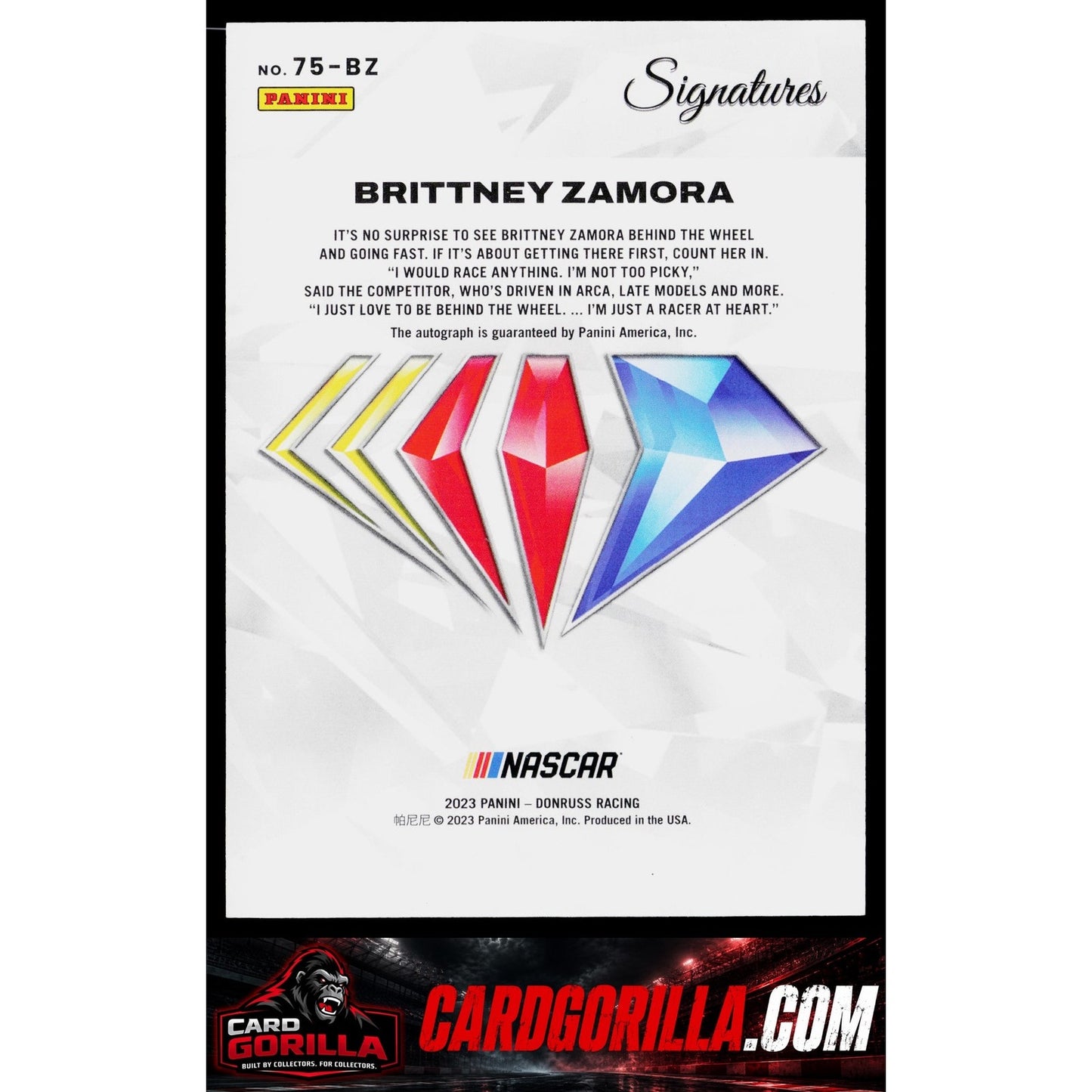 2023 Panini Prime #75-BZ Brittney Zamora NASCAR 75th Anniversary Signatures