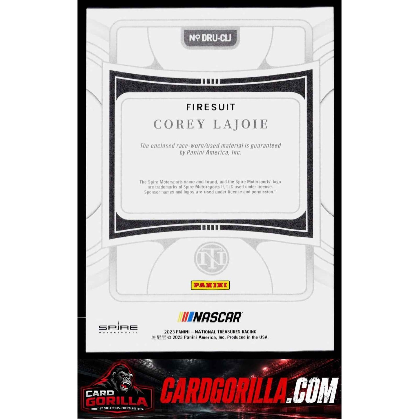 2023 Panini National Treasures Corey LaJoie Dual Race Used Firesuits Prime #/10