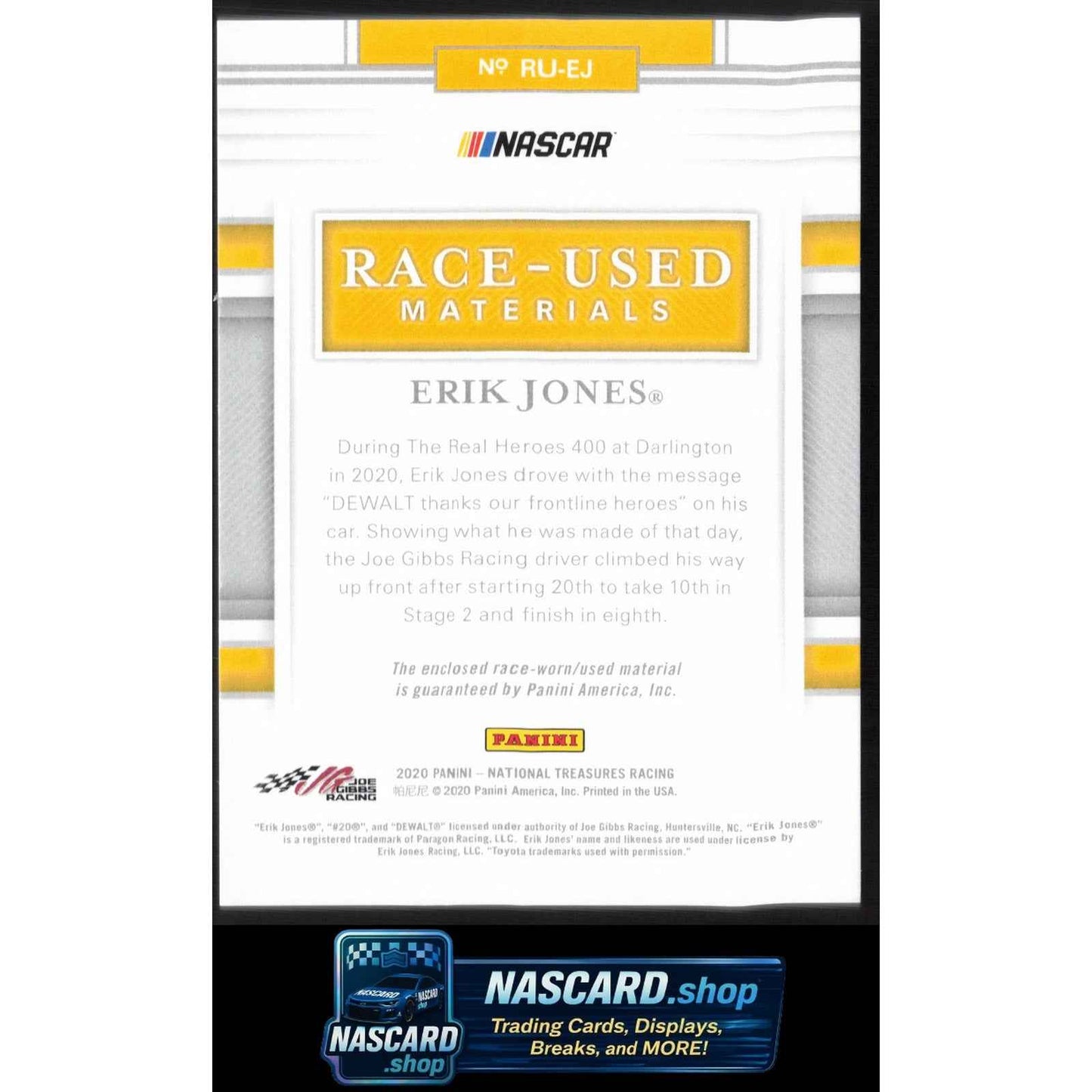 2020 Panini National Treasures #RU-EJ Erik Jones Race Used Gloves #/25