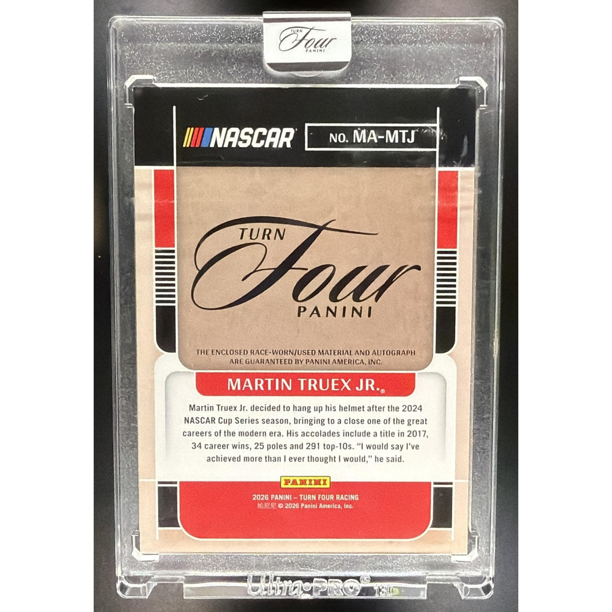 2026 Panini Turn Four Martin Truex Jr Memorabilia Auto Black FOTL 1/6 Alpinestar