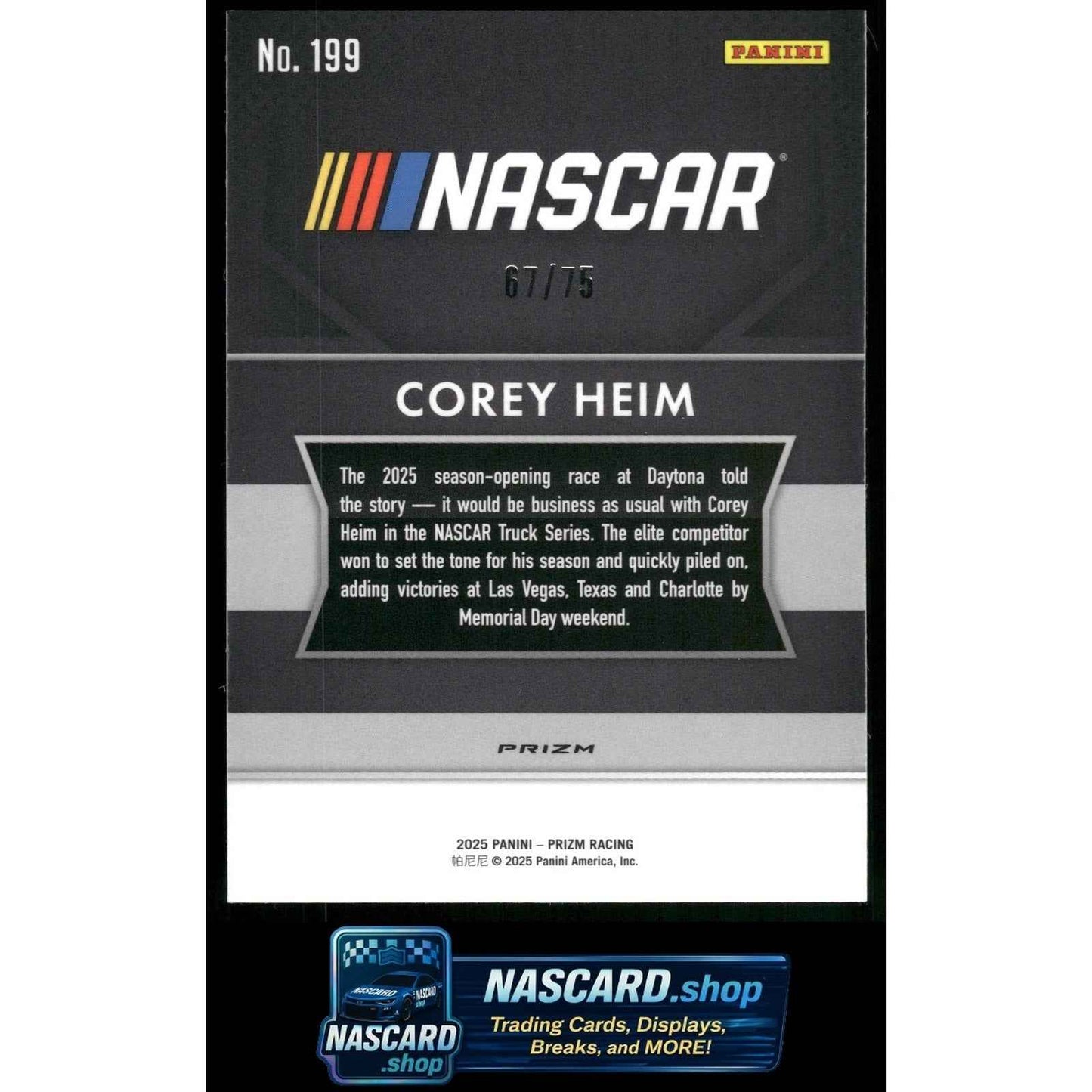 2025 Panini Prizm #199 Corey Heim Checkered Flag #/75