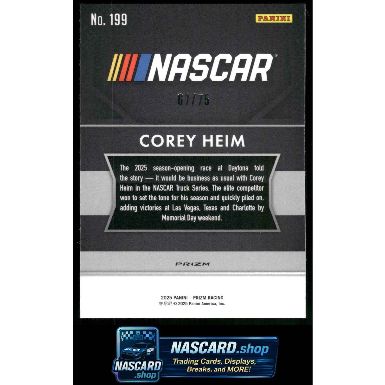 2025 Panini Prizm #199 Corey Heim Checkered Flag #/75