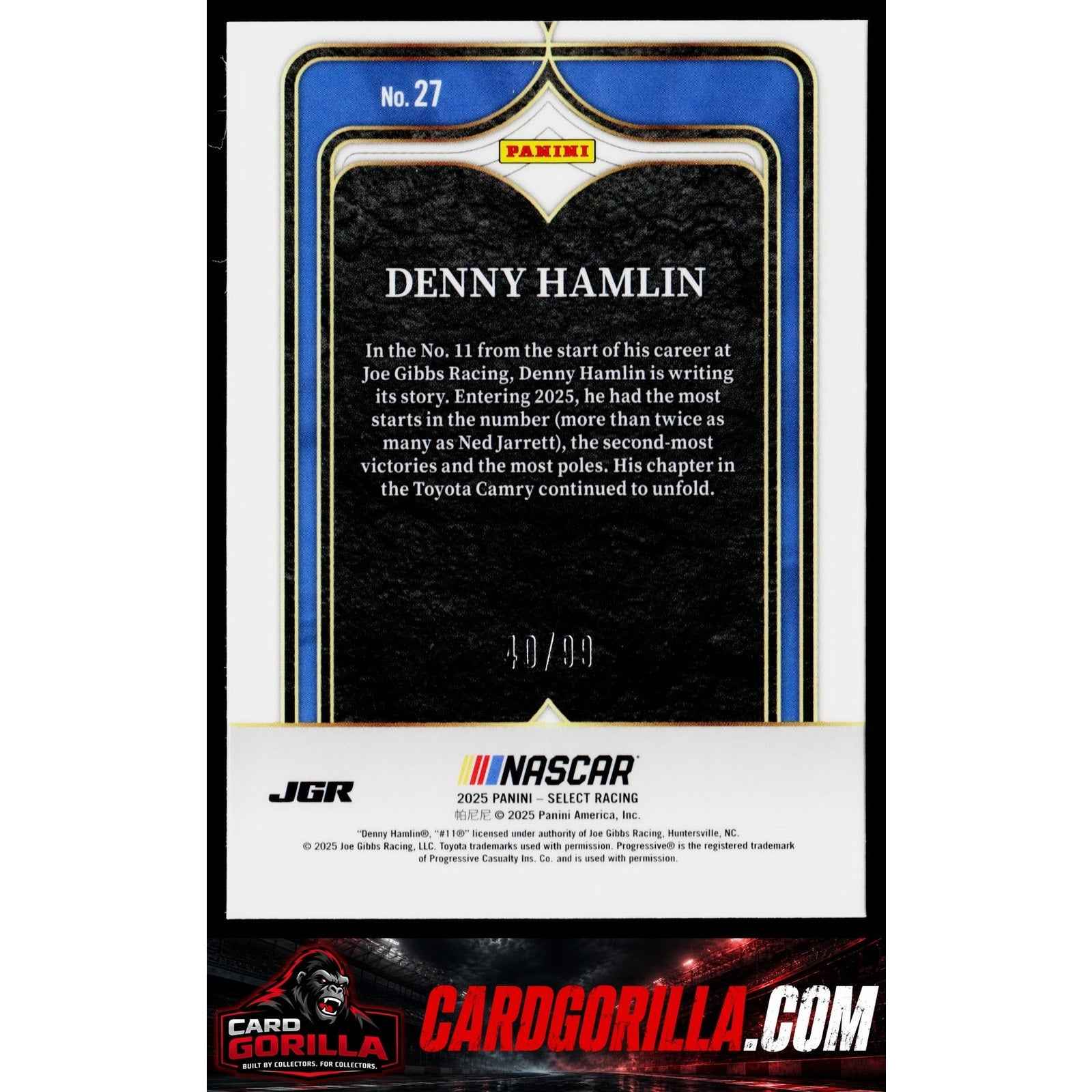 2025 Panini Select #27 Denny Hamlin Select Numbers Red Prizms #/99