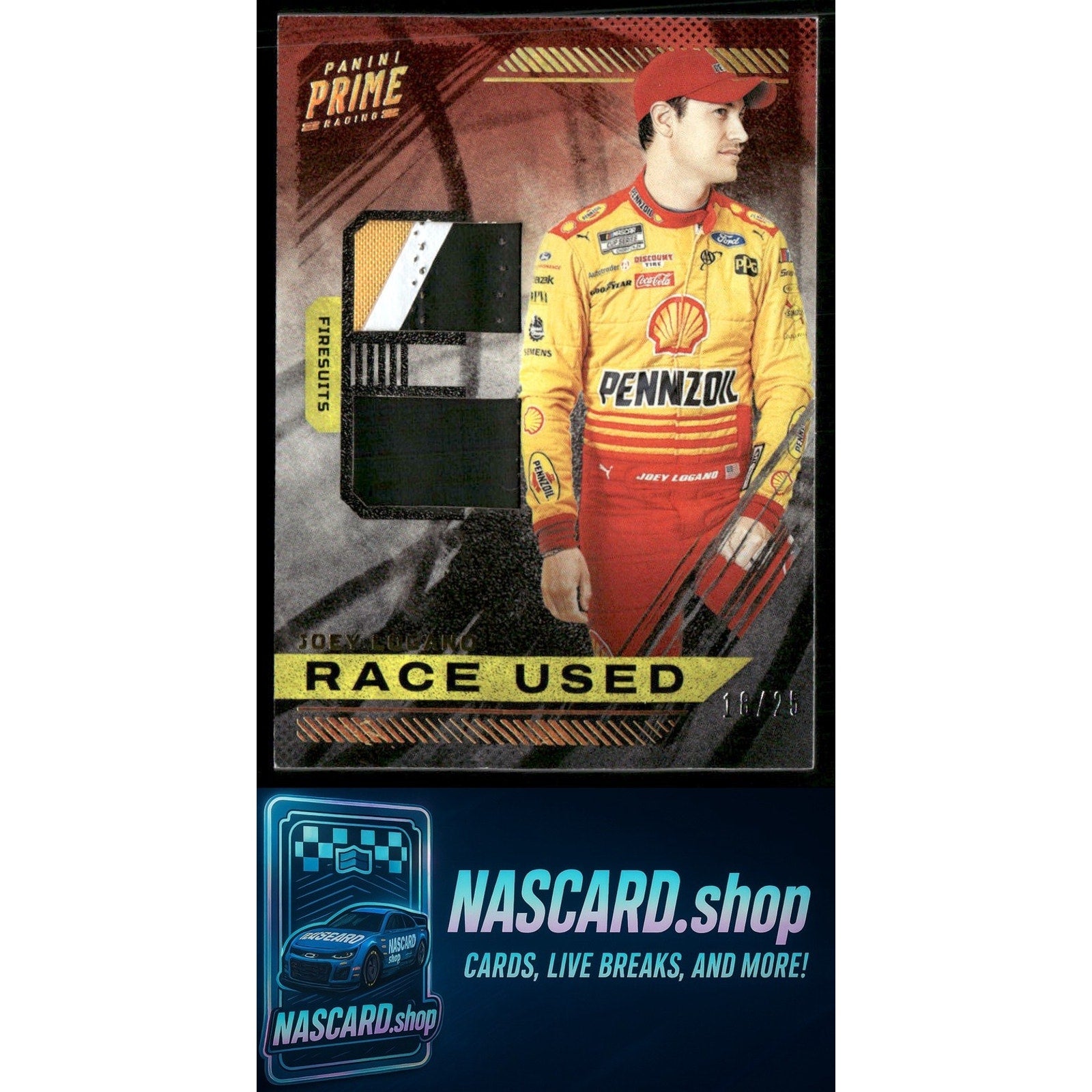 2023 Panini Prime #RUT-JLO Joey Logano Race Used Trios Firesuits Holo Gold #/25 - Card Gorilla