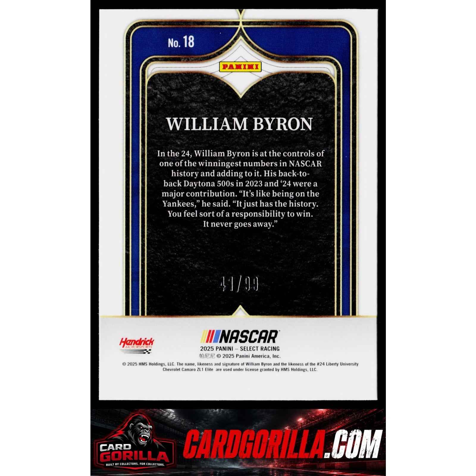 2025 Panini Select #18 William Byron Select Numbers Red Prizms #/99