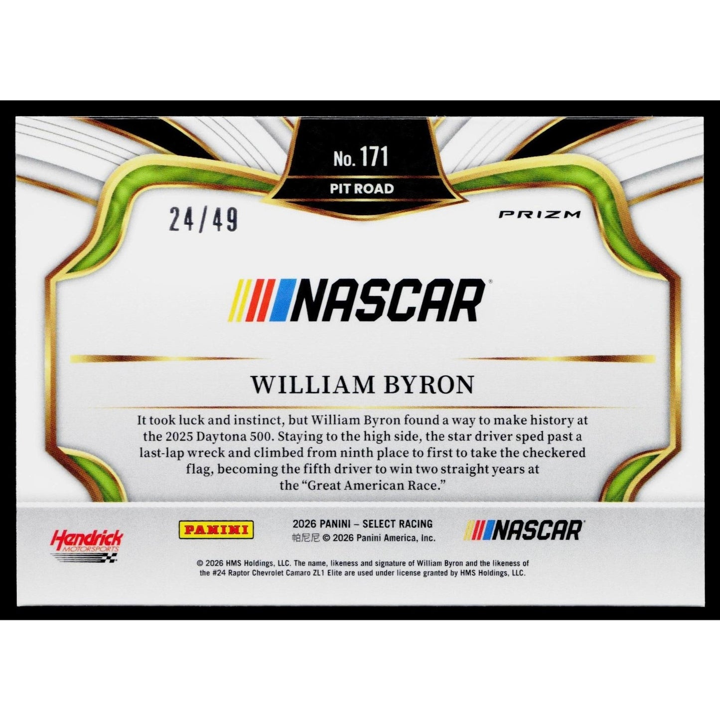 2026 Panini Select #171 William Byron Orange Prizms #24/49
