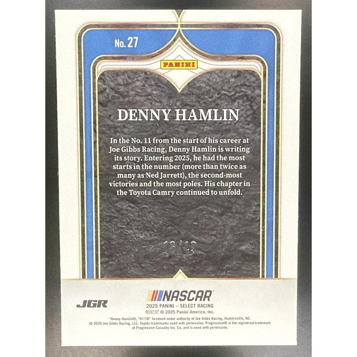2025 Panini Select Denny Hamlin #27 Numbers Red Ice Prizm /49