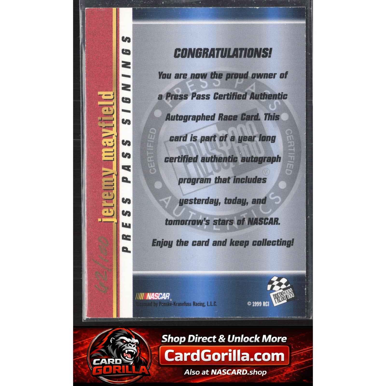 2000 Press Pass #NNO Jeremy Mayfield Signings Gold #/100