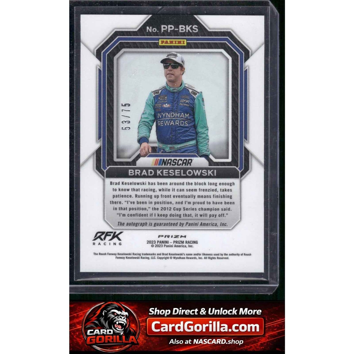 2023 Panini Prizm Brad Keselowski Patented Penmanship Carolina Blue Scope #/75