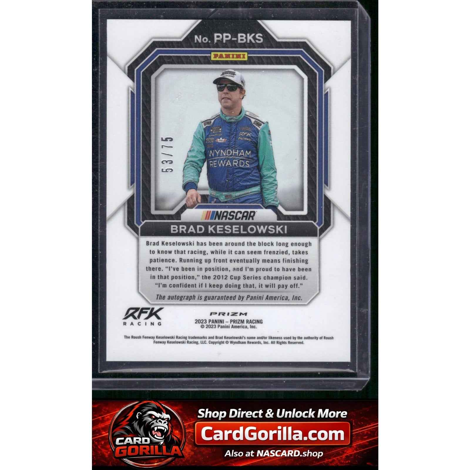 2023 Panini Prizm Brad Keselowski Patented Penmanship Carolina Blue Scope #/75