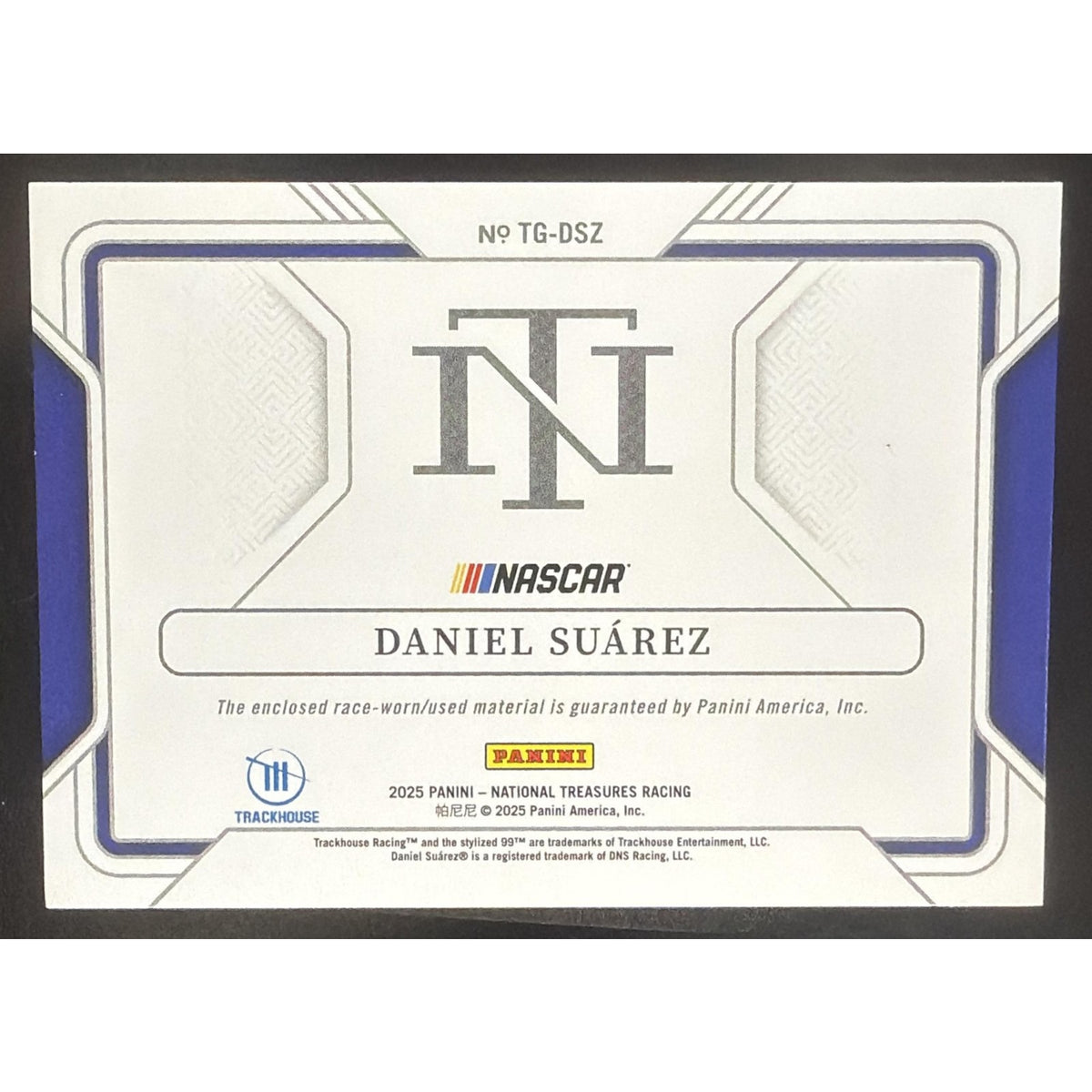 2025 Panini National Treasures Daniel Suarez #8 Track Gear Blue /75