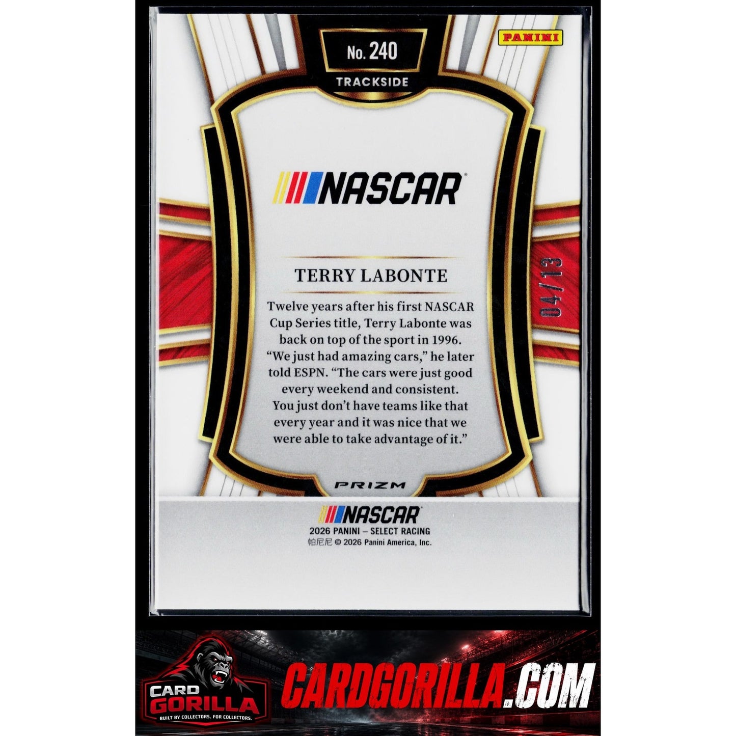 2026 Panini Select Racing #240 Terry Labonte Trackside Gold Power Plaid #/13