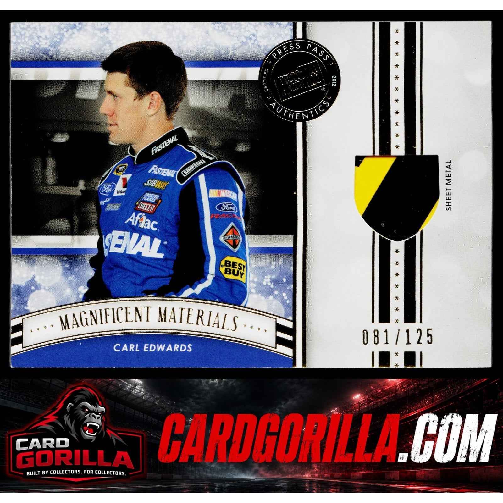 2012 Press Pass Fanfare #MM-CE Carl Edwards Magnificent Materials Gold #/125
