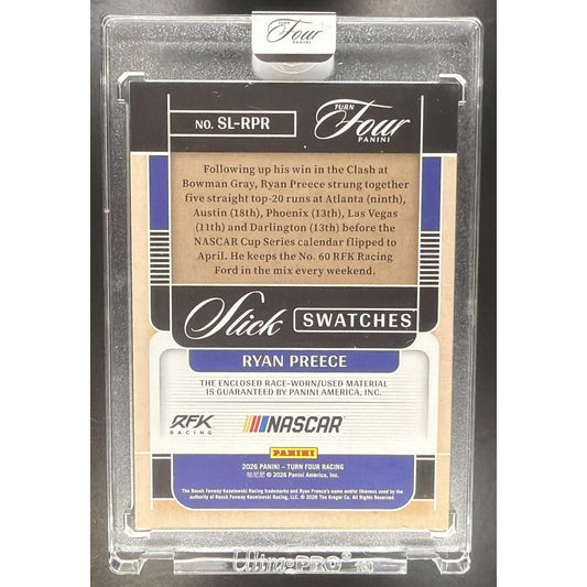 2026 Panini Turn Four Racing Ryan Preece #SL-RPR Slick Swatches Holo Silver /75