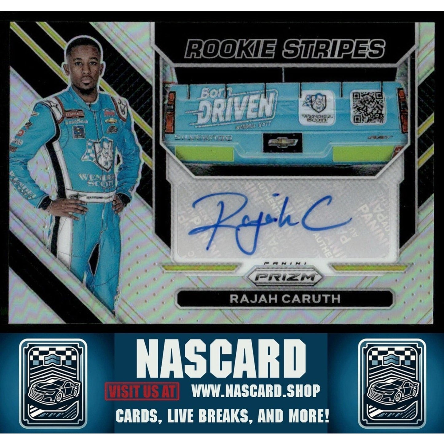 2023 Panini Prizm Rookie Stripes Silver Prizm Rajah Caruth (RC) - NASCARD.shop