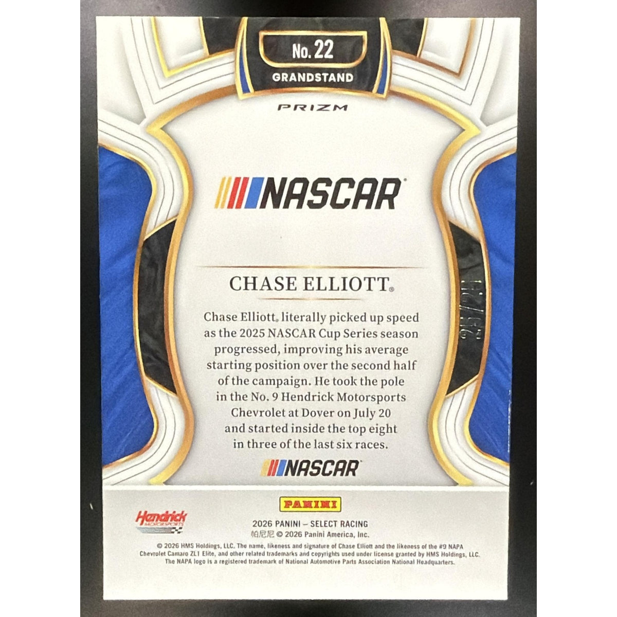 2026 Panini Select NASCAR Chase Elliott #22 Set - Grandstand Tie-Dye Prizms /25