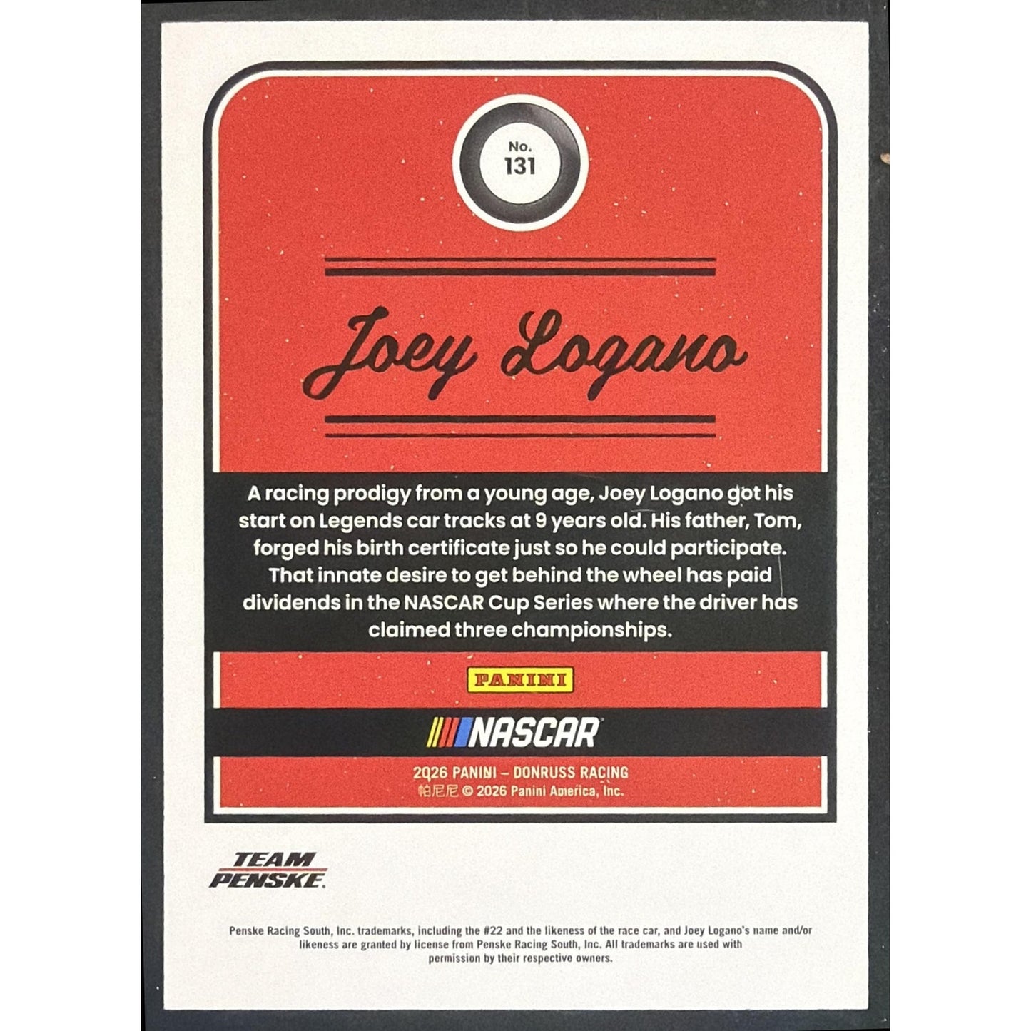 2026 Panini Donruss NASCAR Racing Joey Logano #131 Retro Numbers /22