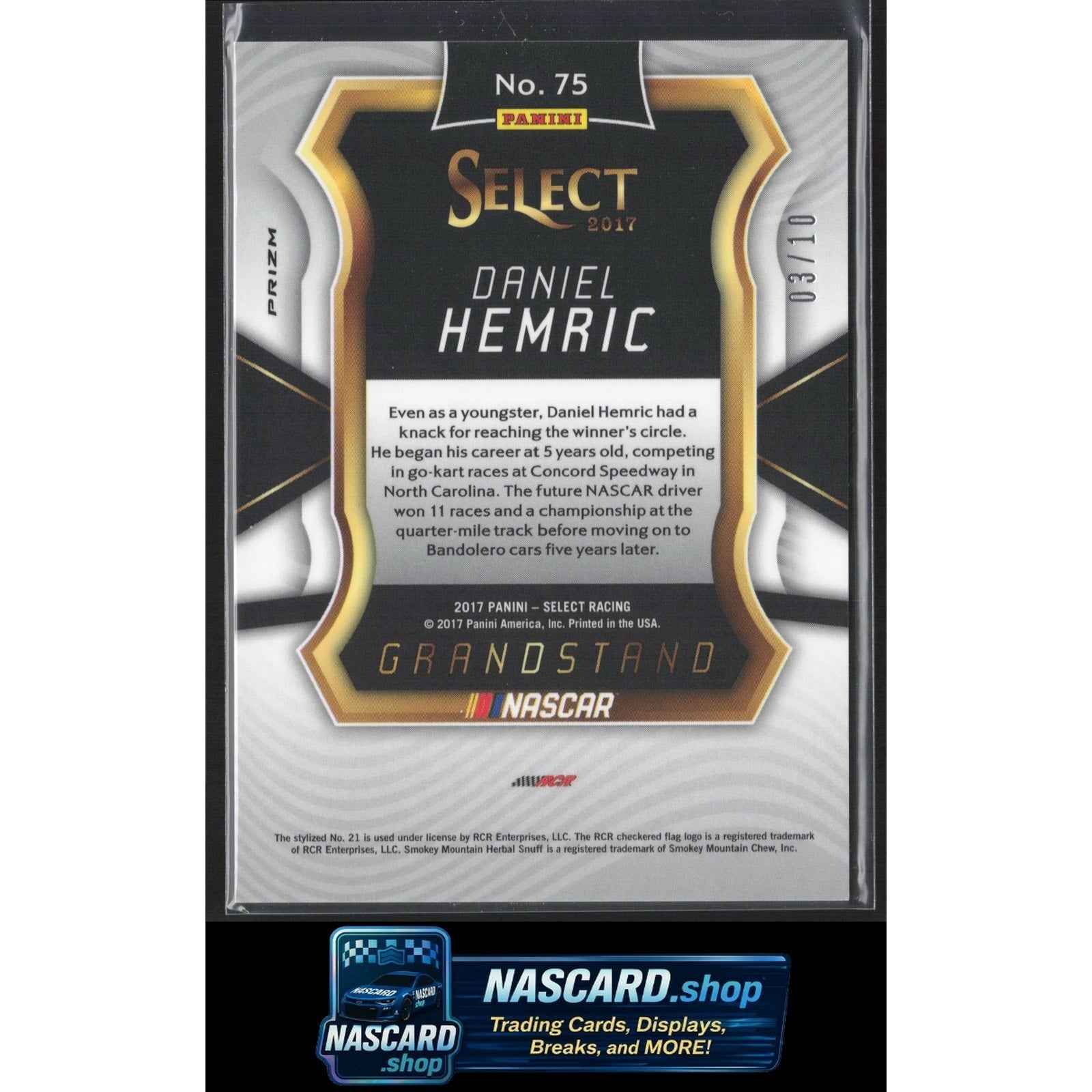 2017 Panini Select #75 Daniel Hemric Gold Prizms #/10 RC
