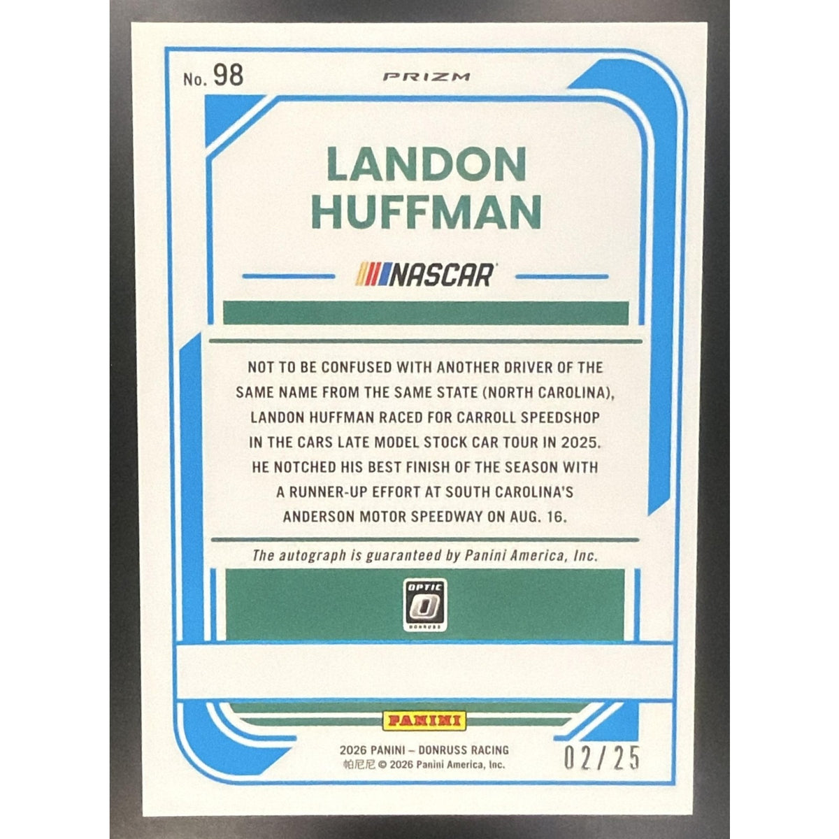 2026 Donruss NASCAR Landon Huffman Optic Rated Rookie Signatures Pandora /25