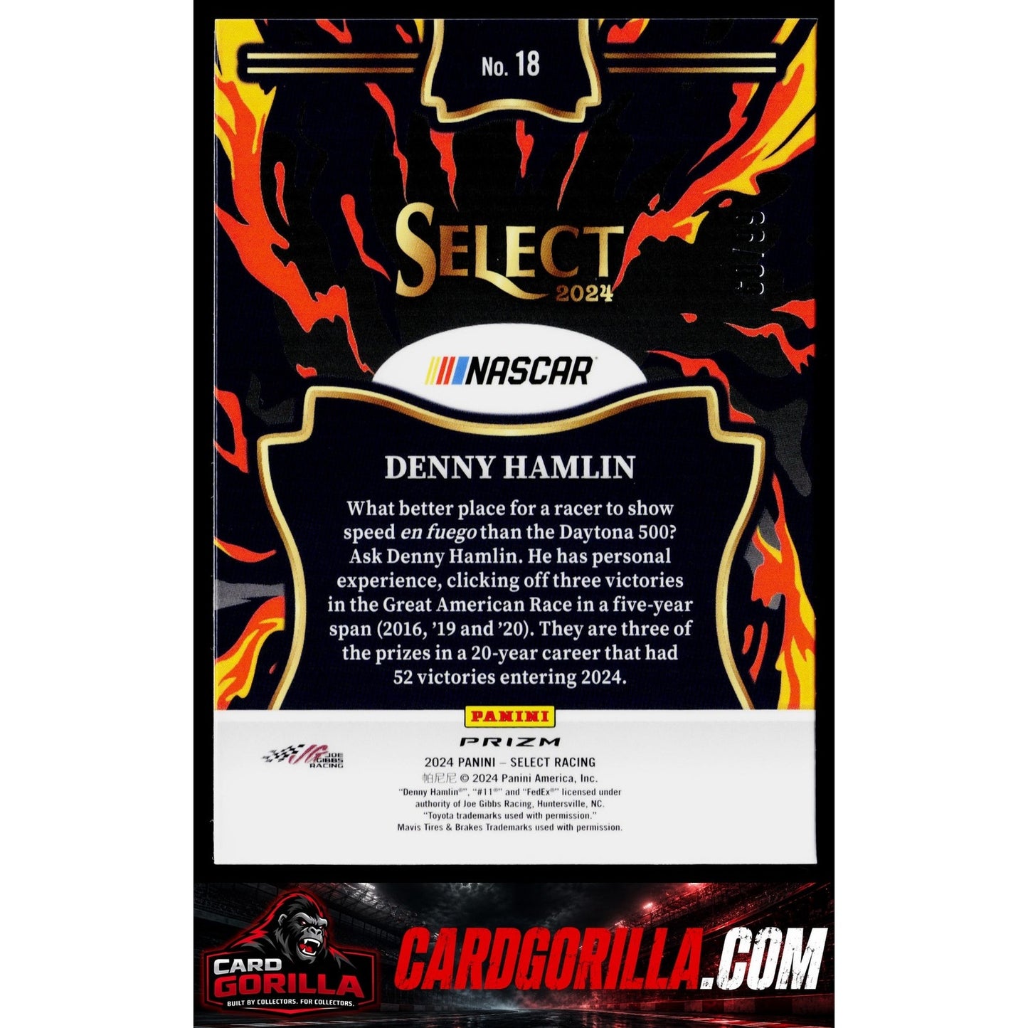 2024 Panini Select #18 Denny Hamlin En Fuego Red Prizms #/99